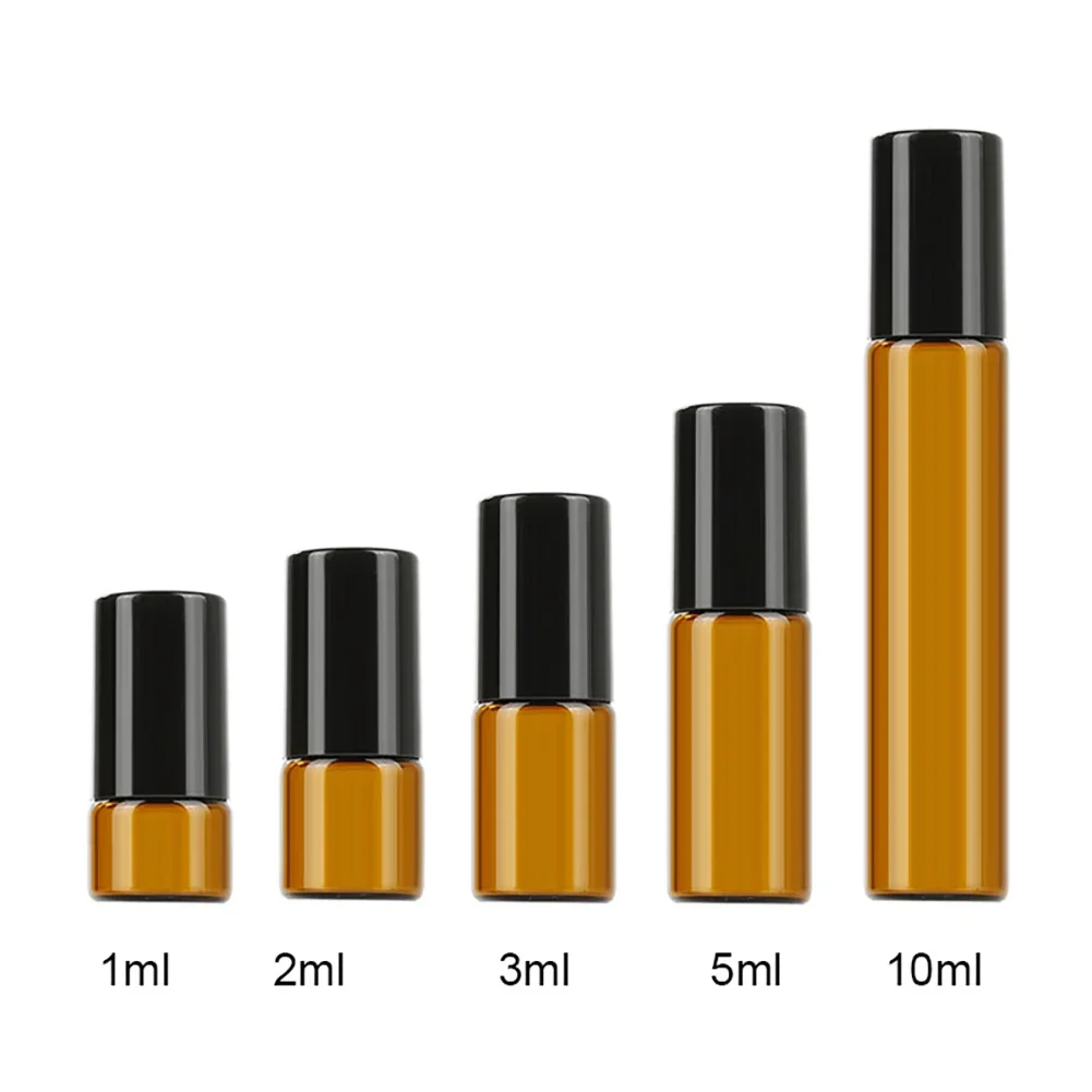 5pcs/lot 1ml 2ml 3ml 5ml 10ml Amber Glass Doterra Essential Oil Roll on Bottles TestVials with Steel Ball Containers