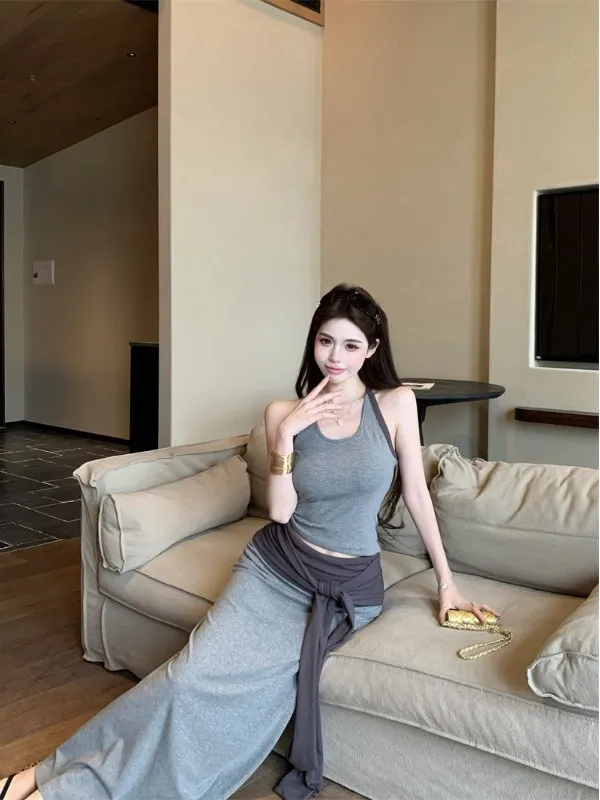 Color Blo ort Crop Top And Skirt Set for Women Summer Design Sense Hanging Ne Strap Vest ter f Body Skirt Two Pie...