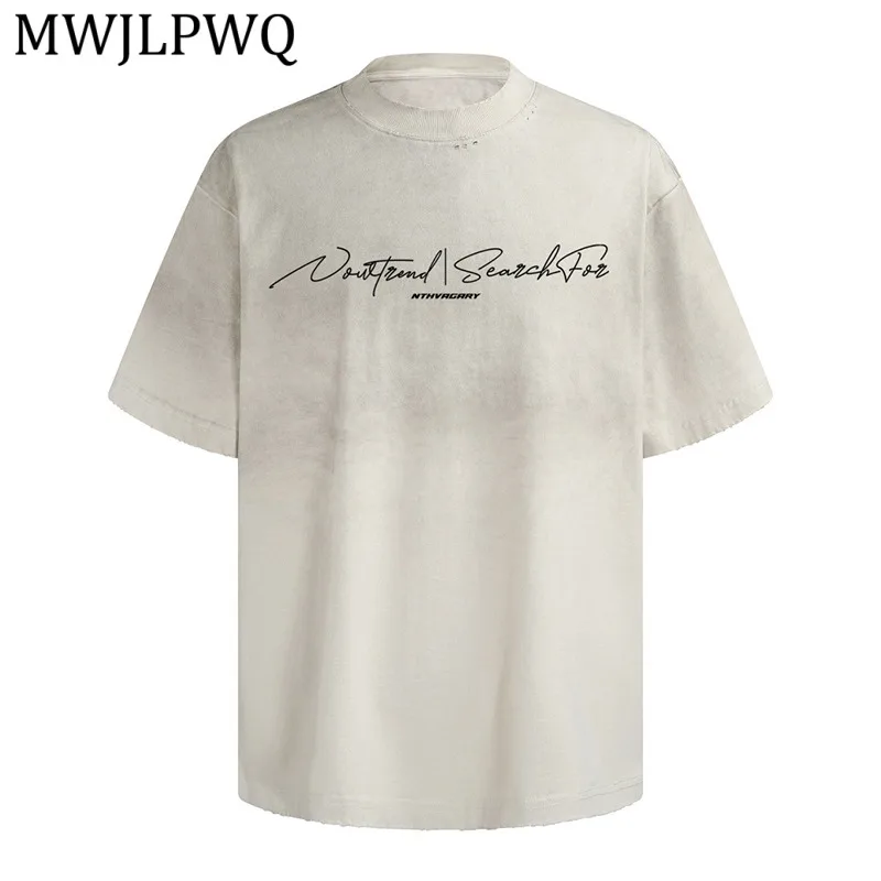

MWJLPWQ Hand-Painted Lettering Heavy Cotton Short-Sleeve T-Shirt Men's Summer Style Casual Distressed Tee Trendy New 14813