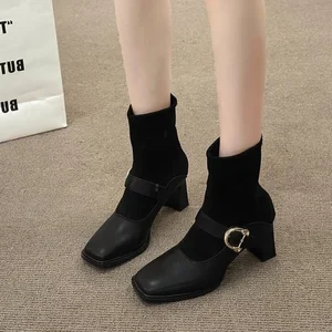 2023 Natural Leather Thick-soled Women's Boots with Buckle Decorative Ankle Boots Fashionable Mid-heeled Short Chelsea Boots