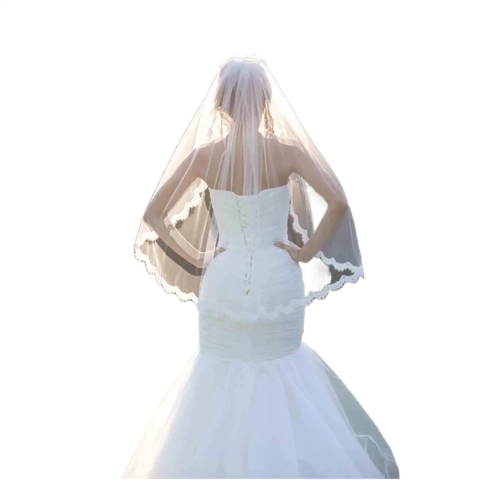 

Wedding Bridal Veil with Comb 1 Tier Lace Applique Edge Fingertip Length Ivory White