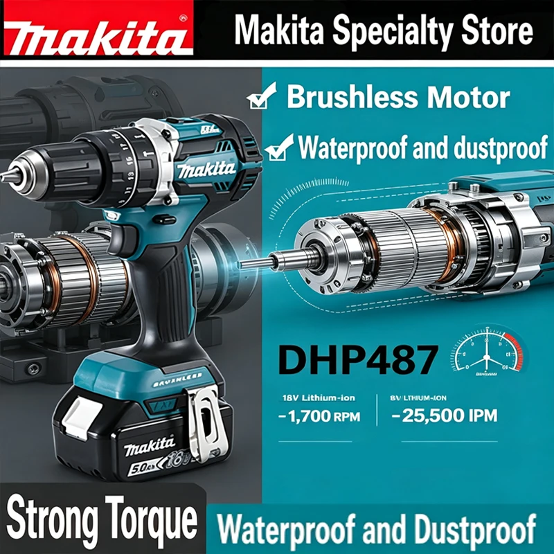 Batería de iones de litio Makita de 18 V, taladro percutor sin escobillas Makita DHP487, 40 N.m, 2 velocidades, atornillador de impacto