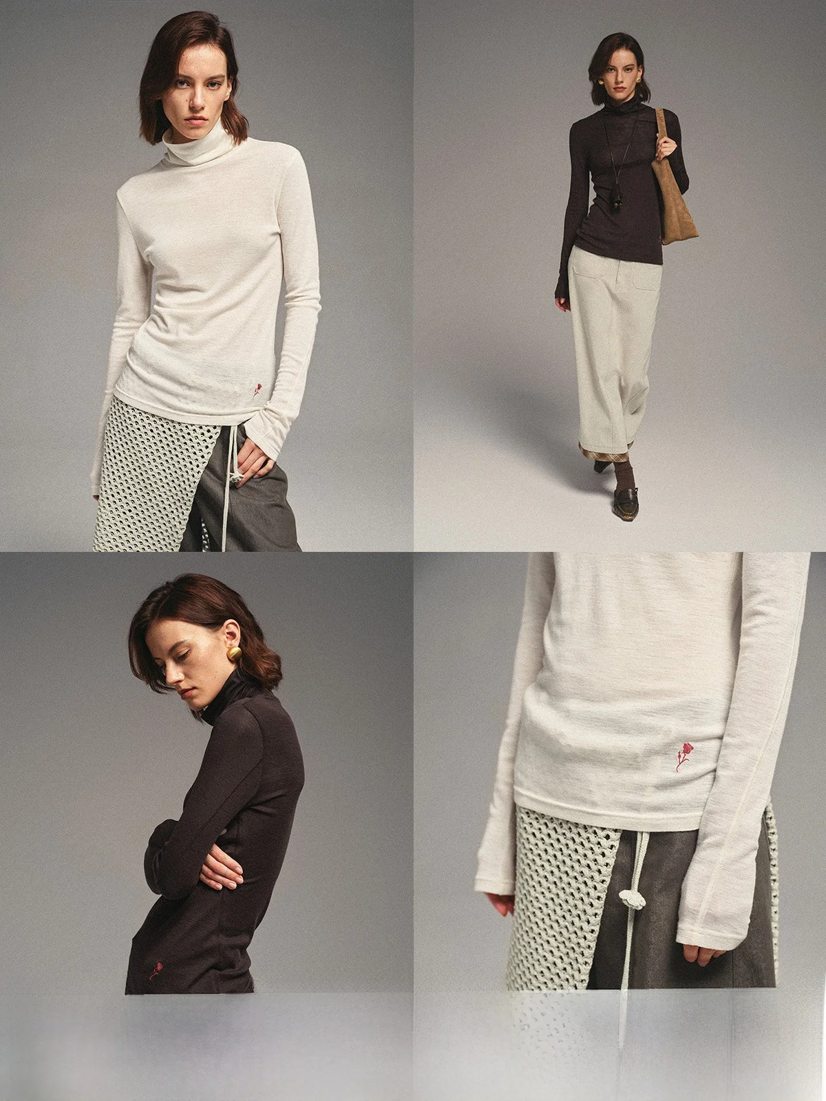 

Romantic Rose Embroidery High Ne T-irt Ultra Fine Australian Wool High Yarn Count Flowersays Women's Slim Fit Long Sve...