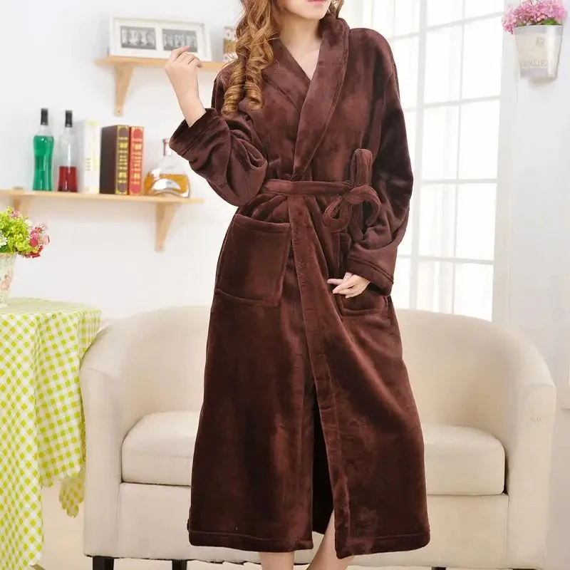 Autumn Winter Kimono Bathrobe Gown Coral Fleece Sleepwear Long Robe Loose Nightwear Thick Warm Home Dress Flannel Loungewear