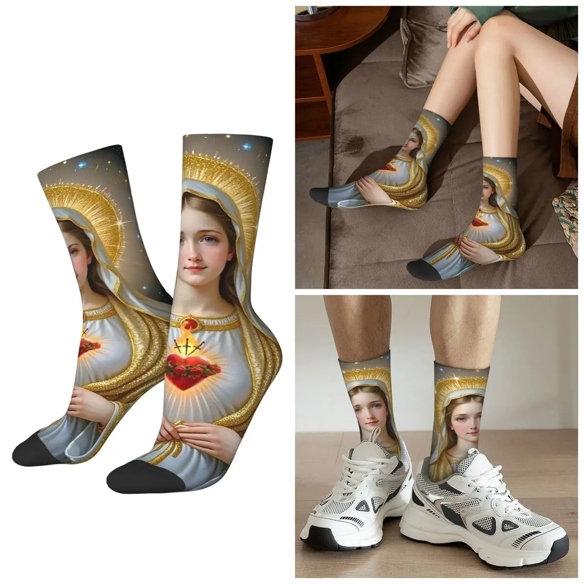 

All Seasons Virgin Mary Vintage Style Socks Harajuku Crew Socks Sweat Absorbing Stockings for Men Women Christmas Gifts