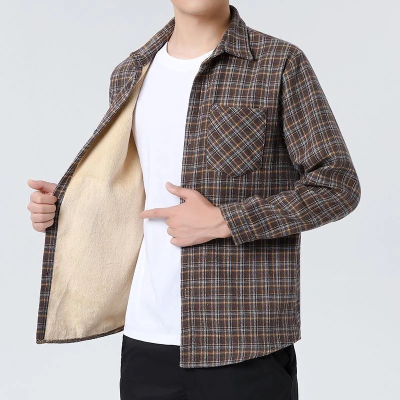 Winter New Fashionable Trendy Plush Thickened Warm Checkered Shirt for Men's Casual Loose Sports Large Size Long Sleeve Shirt
