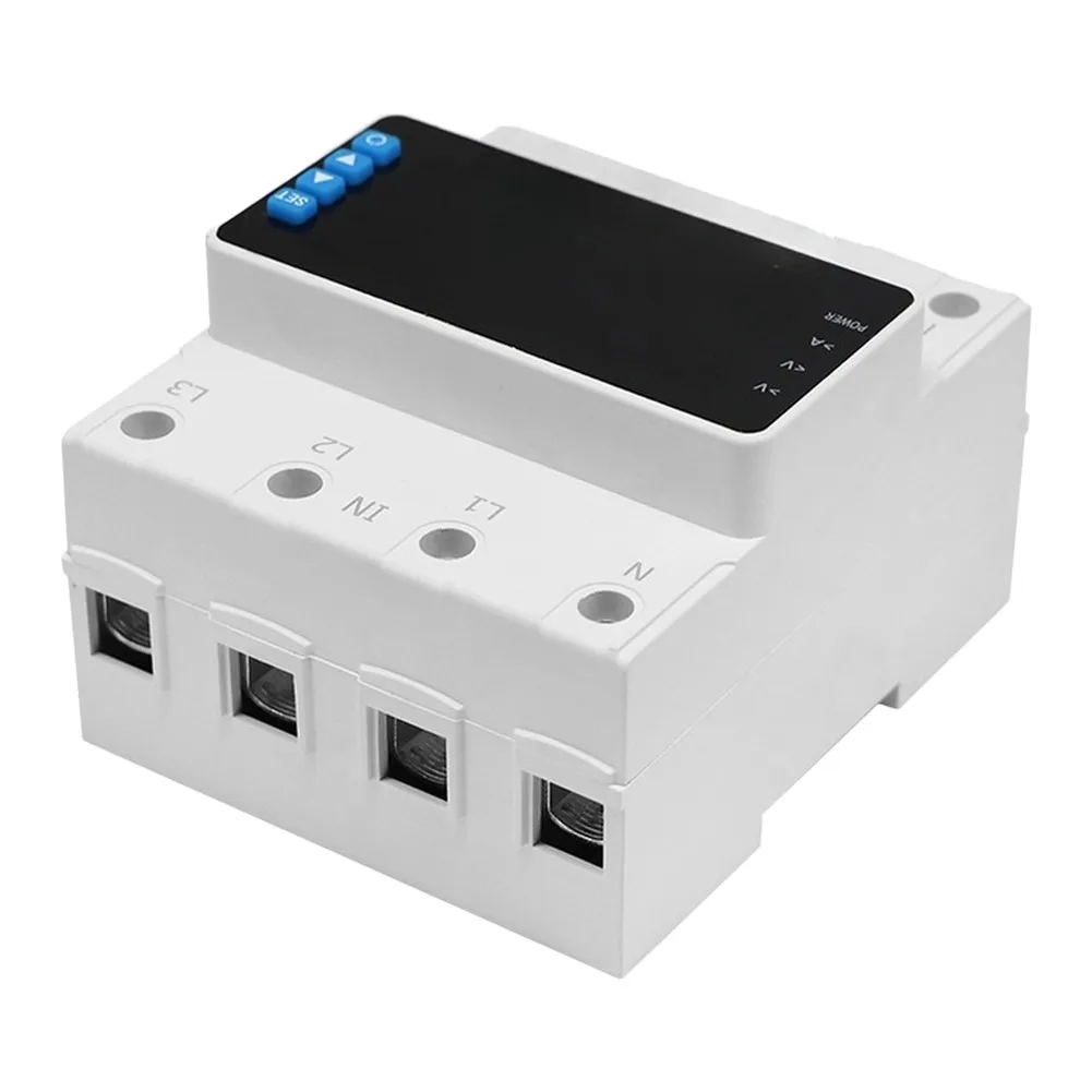 4P Three-Phase Automatic Self-Recovering Protector, Adjustable Over-Voltage/Current, LED Monitor, Quick Rail Fix