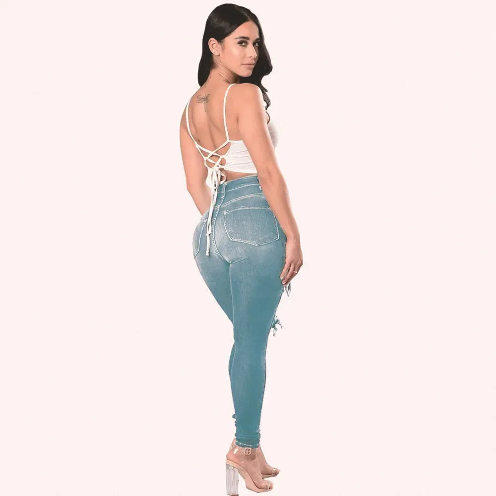 Celana Jeans Wanita Model Pensil Denim Berlubang Sobek Skinny Panjang Se-mata Kaki Stretch Pinggang Tinggi Distressed Washed Streetwear