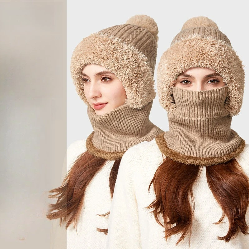 Hot Sale New High Elastic Fashion Solid Color Knitted Hat Scarf Mask One-piece Hat Women's Winter Cycling Windproof Warm Hat