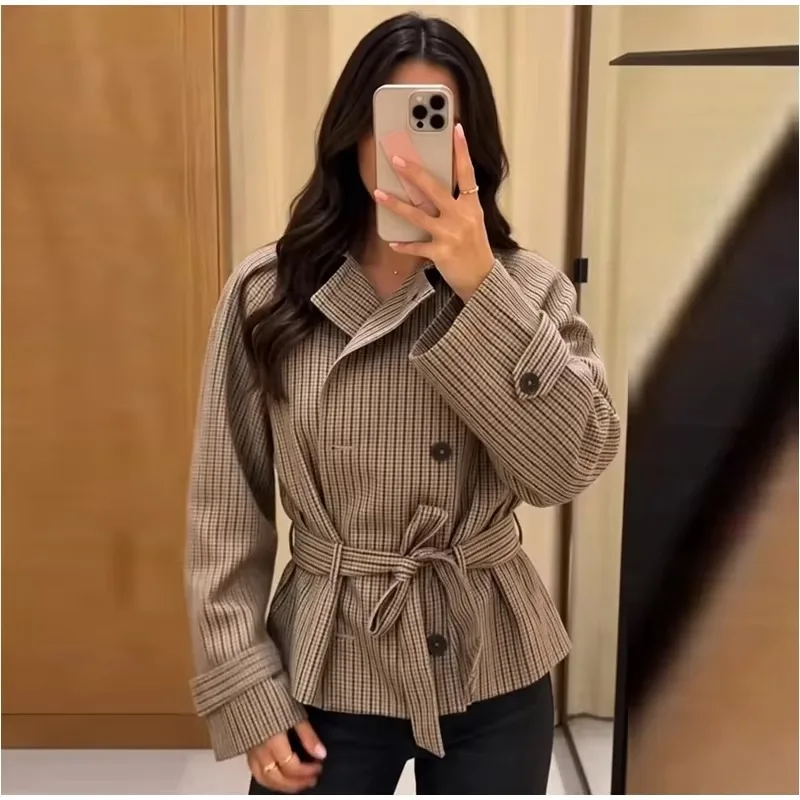 Damen Herbst Winter Trendige Karo-Kurzjacke mit Doppelreiher, Gürtel und Taschen, Jacken-Outfits, Streetwear, Trenchcoat für Frauen – Detail 1