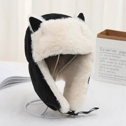 Chapeau en peluche avec oreilles de chat pour hommes et femmes, chapeau Lei Feng, bonnet chaud épaissi, protection des oreilles d'équitation en plein air, vent-vert, mode, hiver