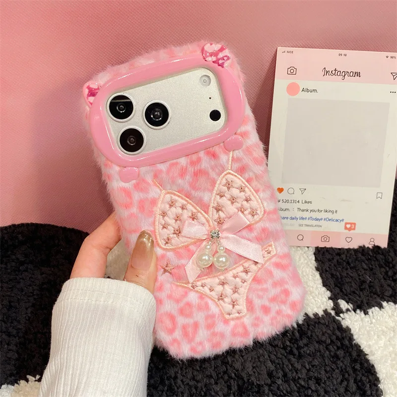 Luxury Leopard Print Bikini Pattern Plush Phone Case For iPhone 17 Air 16 15 14 13 12 11 Pro Max With Lanyard Shockproof Cover view 2