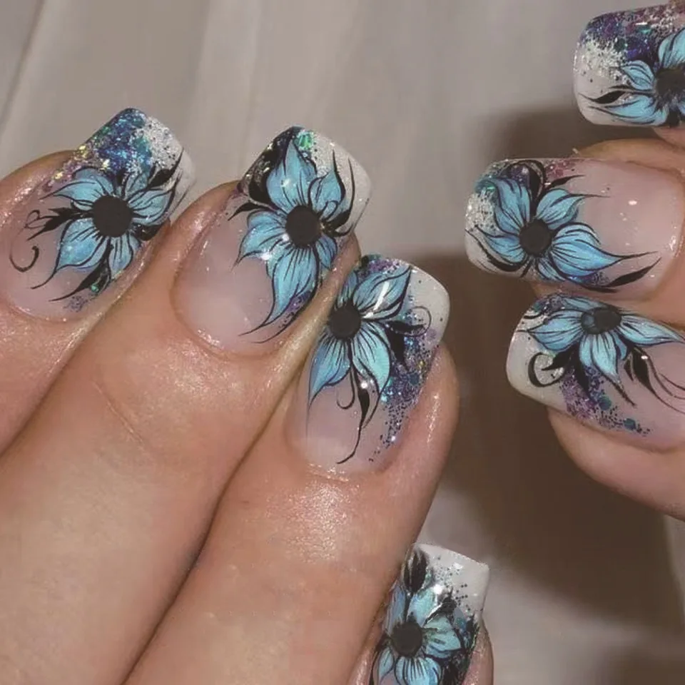 24 Uñas Postizas Medianas y Largas con Diseño de Dragones Amarillos, Flores y Plumas, para Primavera y Verano, Puntas Almendra Cuadradas 4