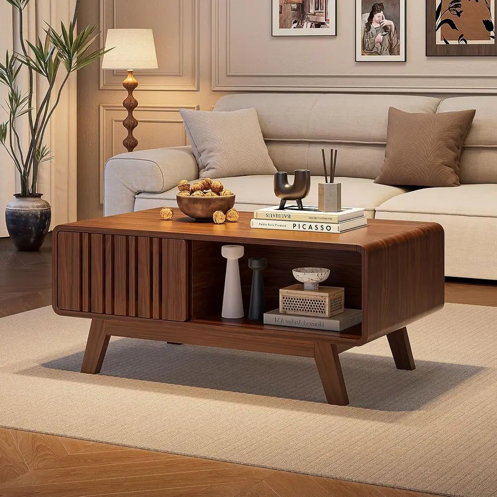 

Журнальный столик, журнальный столик в стиле середины века с отсеком для хранения, журнальный столик с раздвижной дверцей шкафа, деревянный журнальный столик в стиле фермерского дома для гостиной