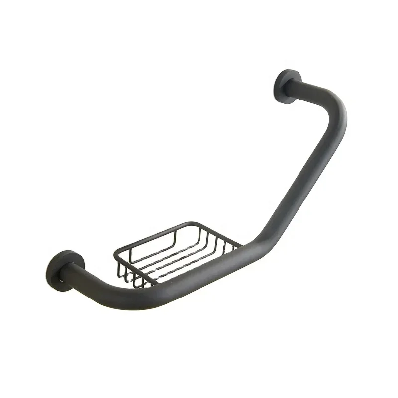 Wall Mounted Stainless Steel Matt Black Safety Grab Bar With Basket