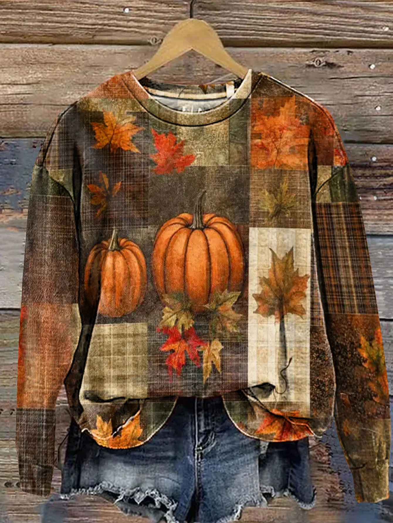 Women Sweatshirt Autumn Pumpkin Maple Leaf Plaid Patchwork Print O-Neck Long Sleeve Fall Holiday Casual Pullover Women's Clothes