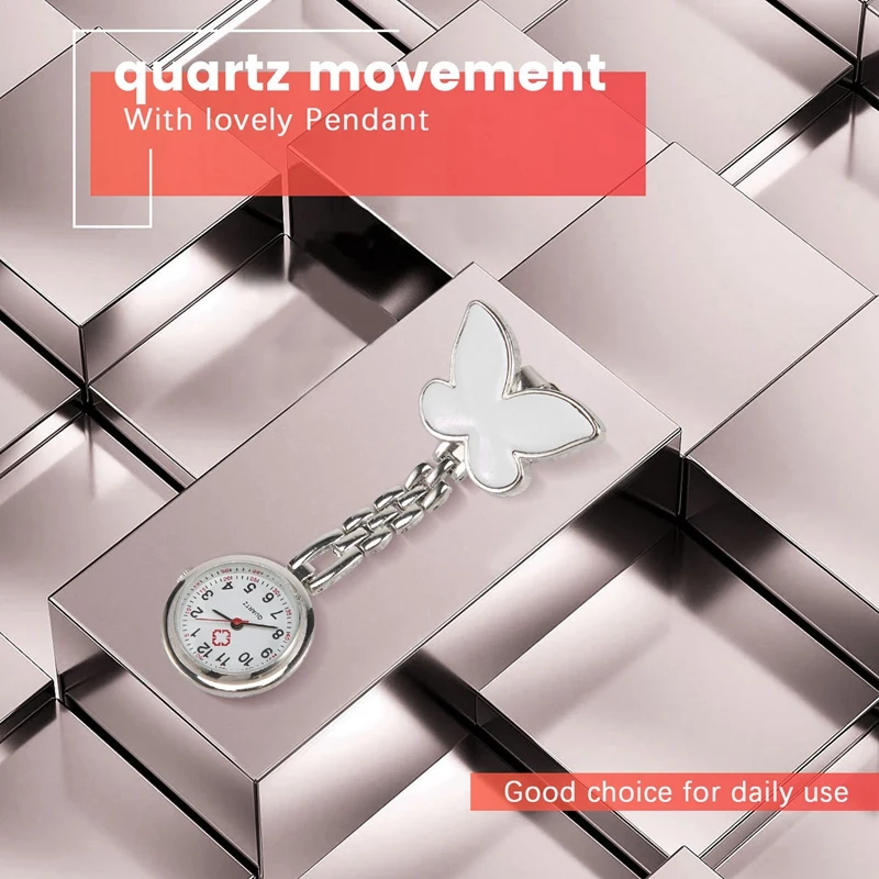 Montre de poche pour infirmières, moniteur de fréquence cardiaque, à quartz, motif papillon blanc