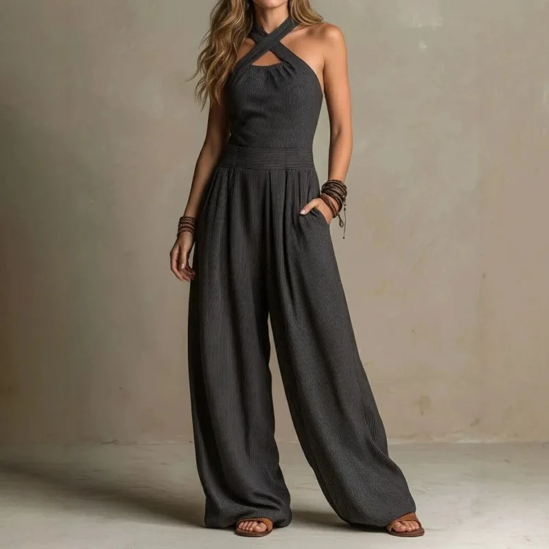 

2026 Women's Crossed Neck Hollow Jumpsuit Knitted Loose Wide Leg Jumpsuit