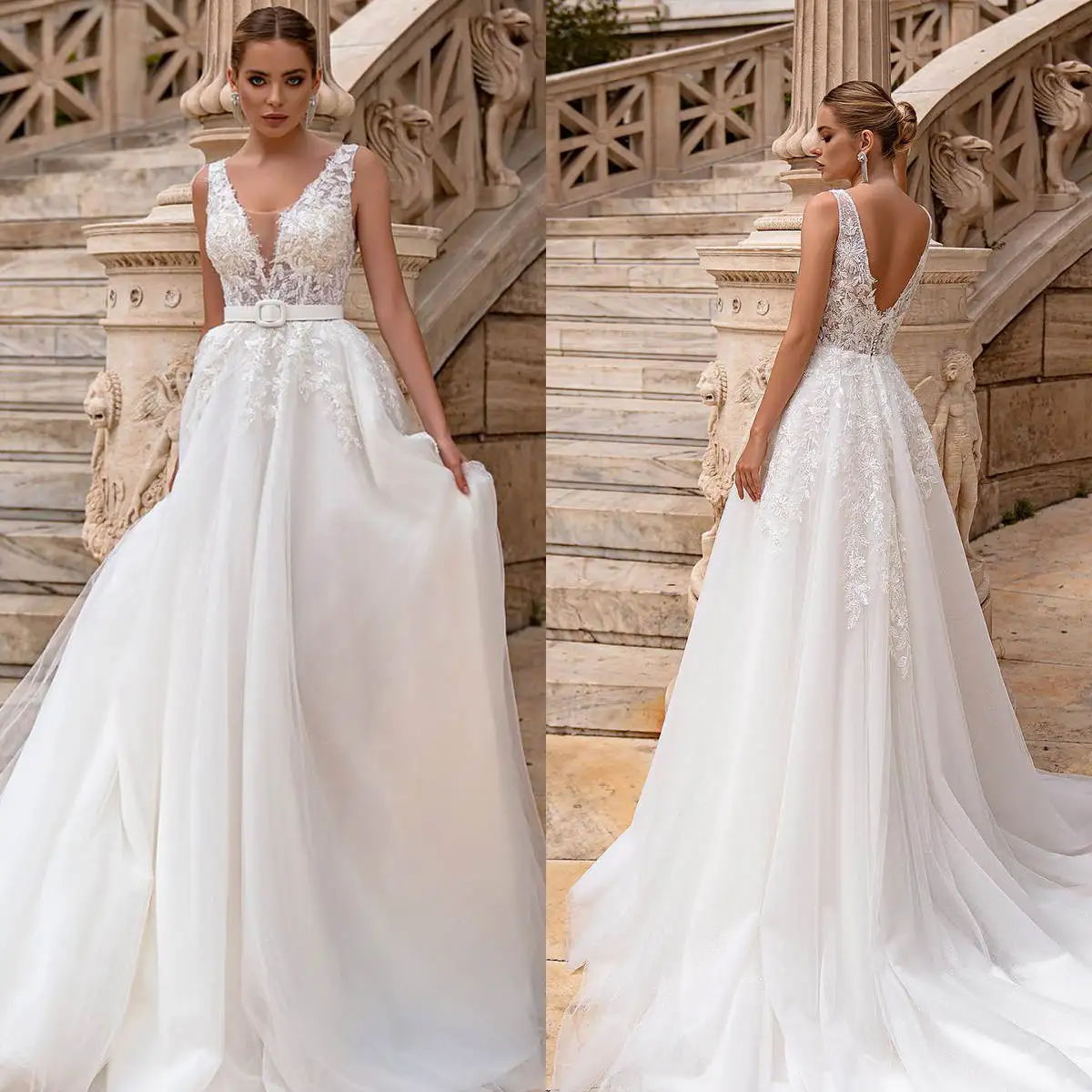 

Exquisite A Line Wedding Dresses V Neck Lace Sleeveless Bride Dress Appliques Beaded Sashes Pleats Bridal Gowns Custom Made