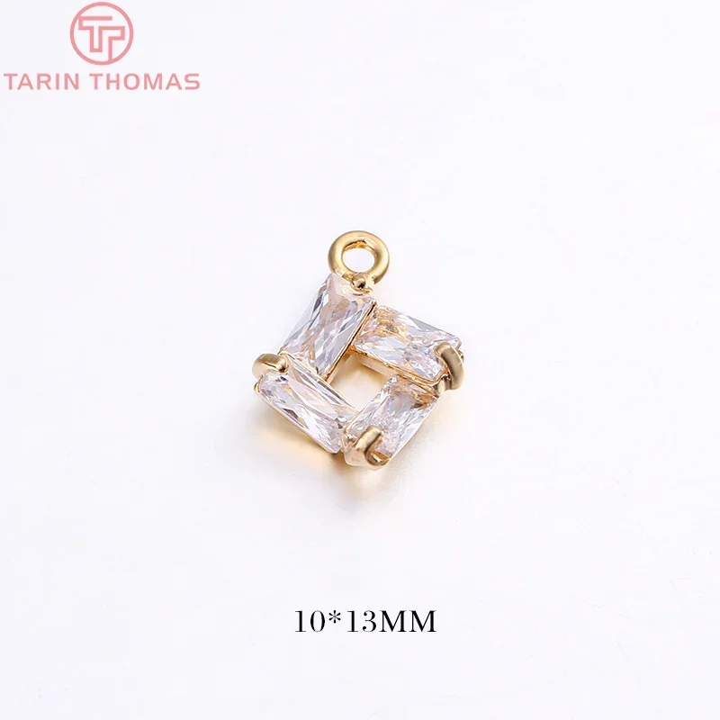 (1378)4PCS 10x13MM Hole 1MM 24K Gold Color Plated Brass with Zircon Square Charms Pendants High Quality Diy Jewelry Accessories