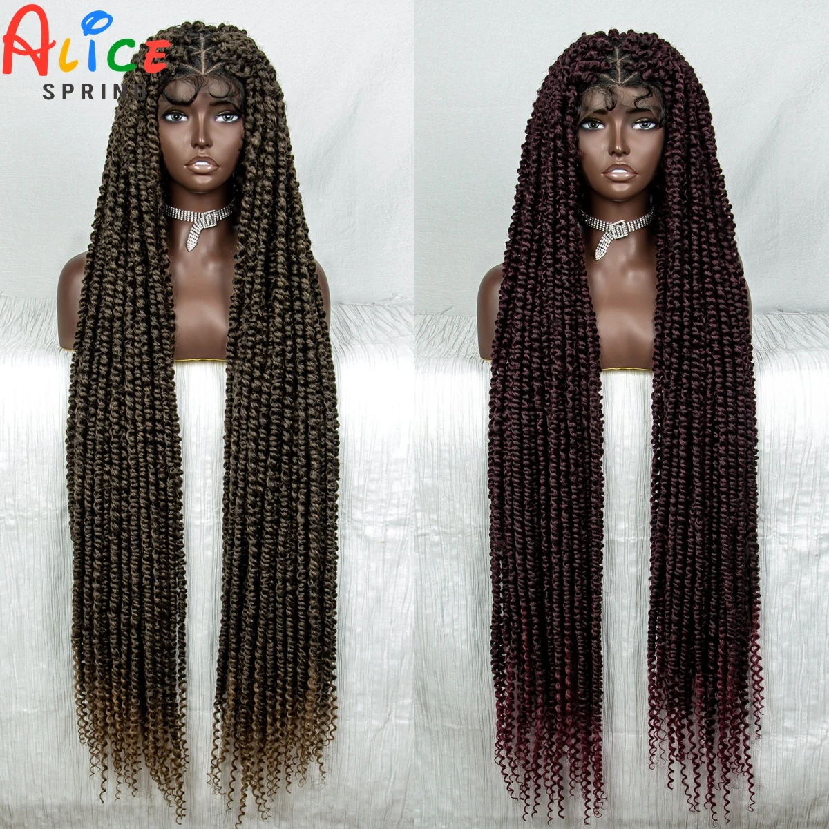 Wig kepang sintetis penuh renda 40 inci Wig rambut Amerika Afro kotak tanpa simpul untuk wanita Wig Frontal lurus panjang renda