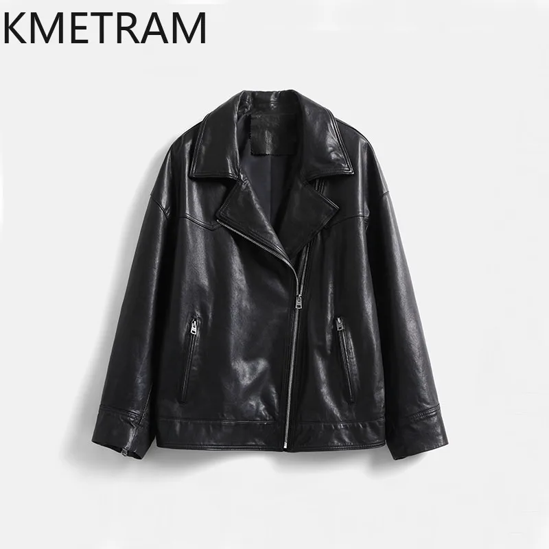 KMETRAM Genuine Leather Jacket Woman Vegetable Tanned Sheepskin Biker Leather Coat Mid Length Jackets of Woman Loose Outwear 자켓