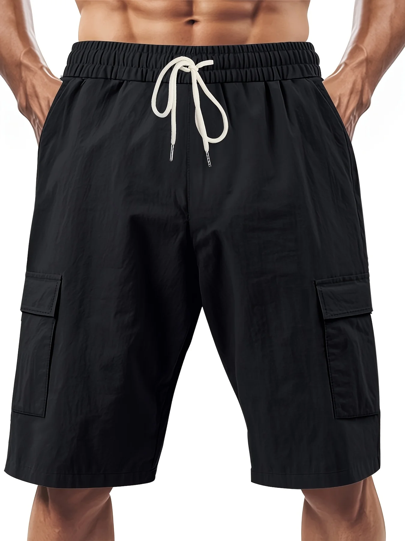Multi Pocket Workwear Shorts For Men Sporty And Casual Loose Solid Color Linen Drawstring Five Quarter Pants - Image 4