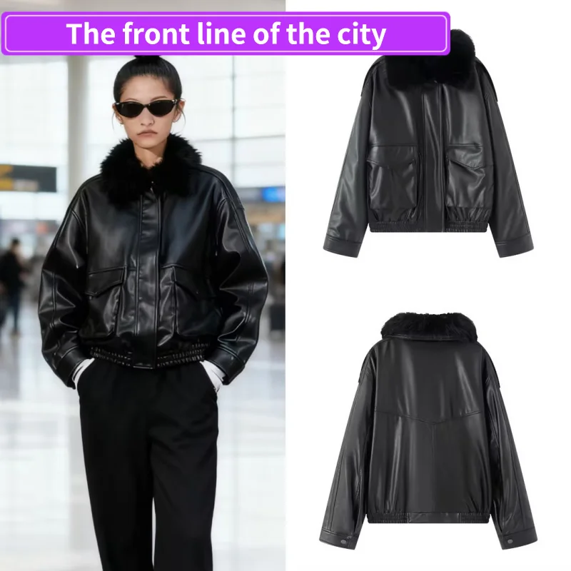 Modische, lockere Lederjacke für Damen, Street-Style, Kunstleder, Winter, warm, Reißverschluss, lange Jacke für Damen