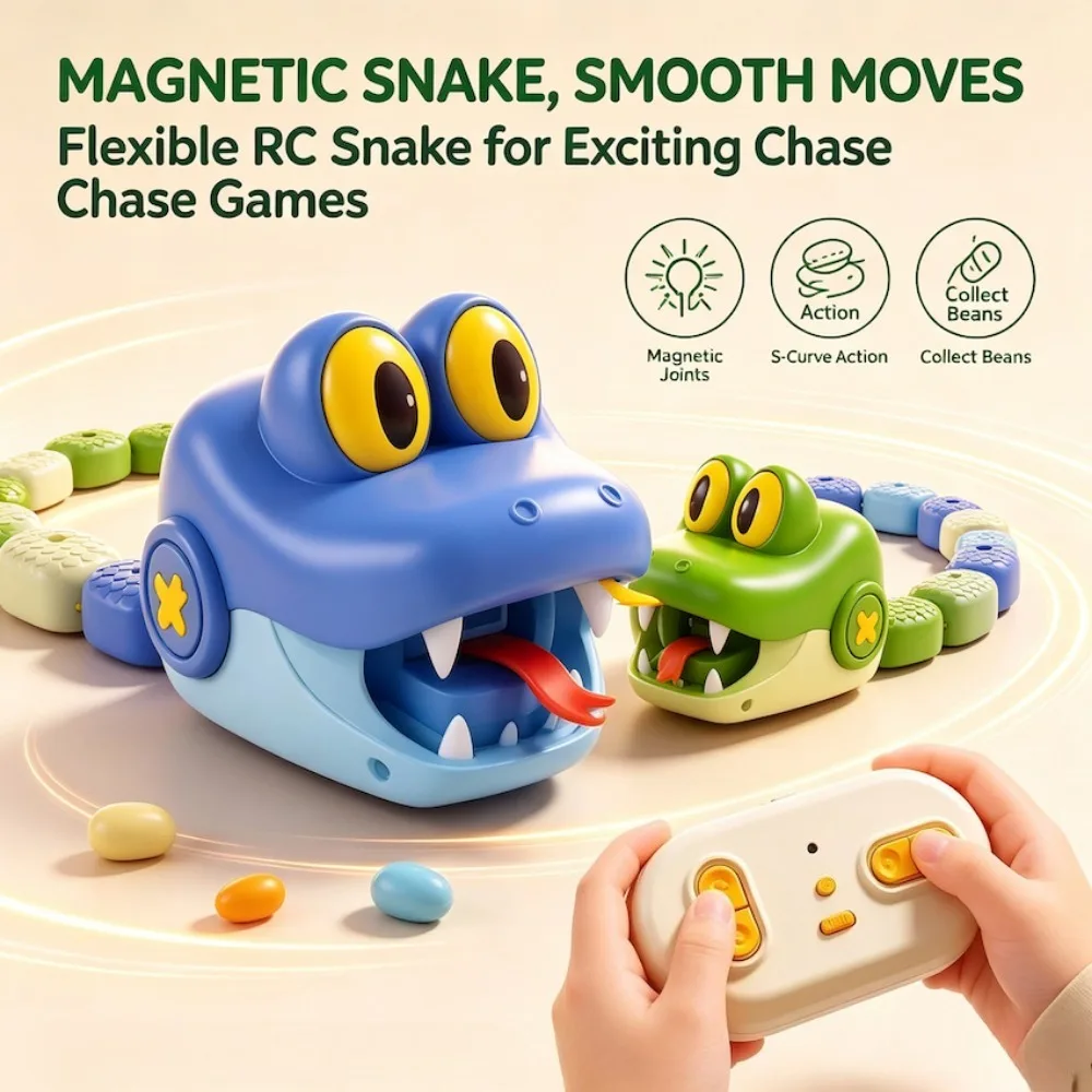 Magnetic Snake Battle Car Toy 2 Players Interactive Crocodile Battle Game Rechargeable Toy with Energy Beans Christmas Gifts