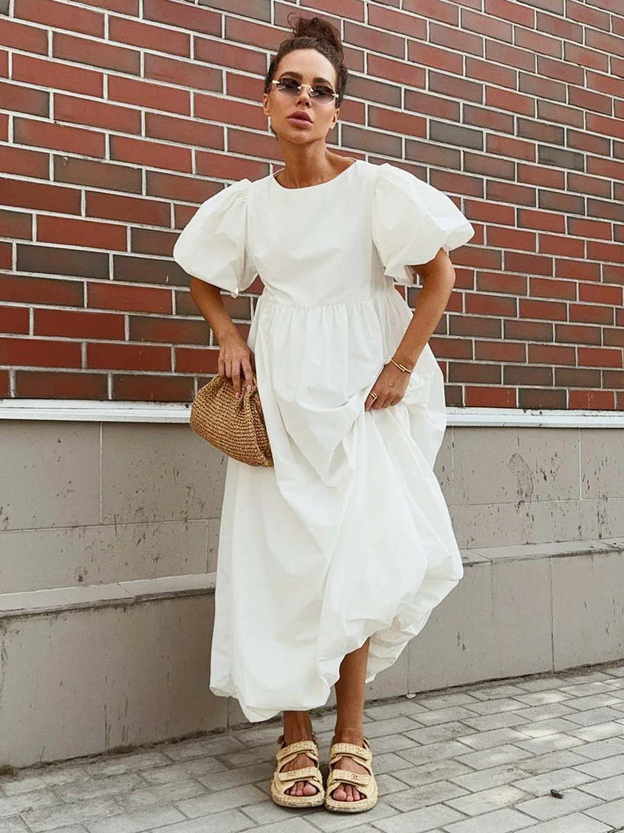 

Women's Cotton round Neck Bubble Sleeve Dress Solid Color Loose Casual Spring Summer 2026