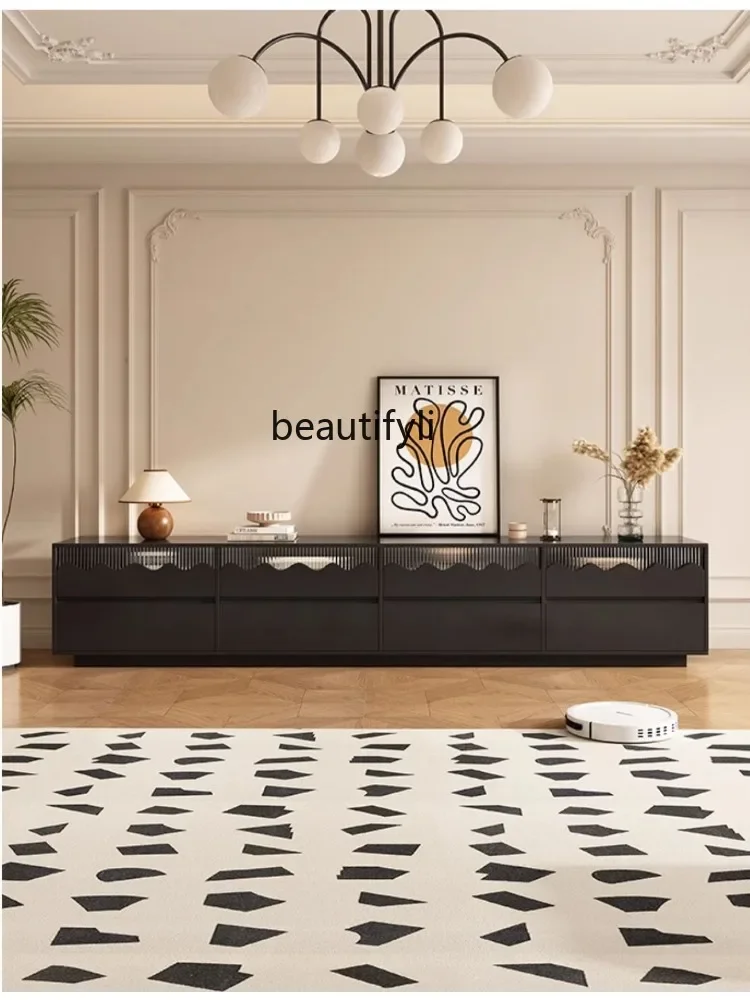 

French Style Retro Affordable Luxury High-Grade Solid Wood High Floor TV Cabinet Living Room Antique Style Black Floor Cabinet