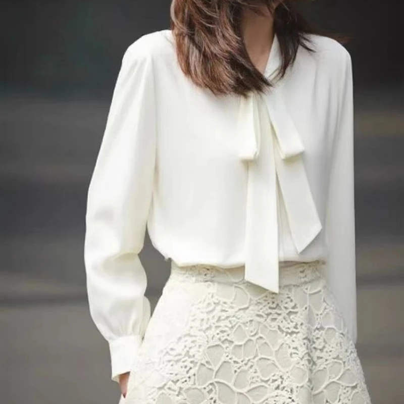 

Винтажные женские блузки, повседневные однотонные топы, модные свободные летние шифоновые женские рубашки во французском стиле с длинными рукавами и бантом в Корейском стиле