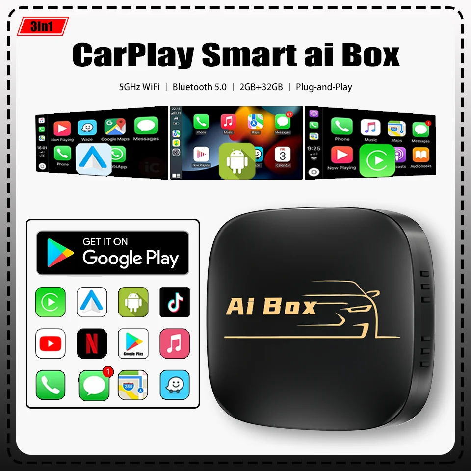 

2025 New Andriod 13.0 Ai Box Wired to Wireless Apple CarPlay & Andriod Auto Built-in Netflix YouTube Google Appstore Plug & Play