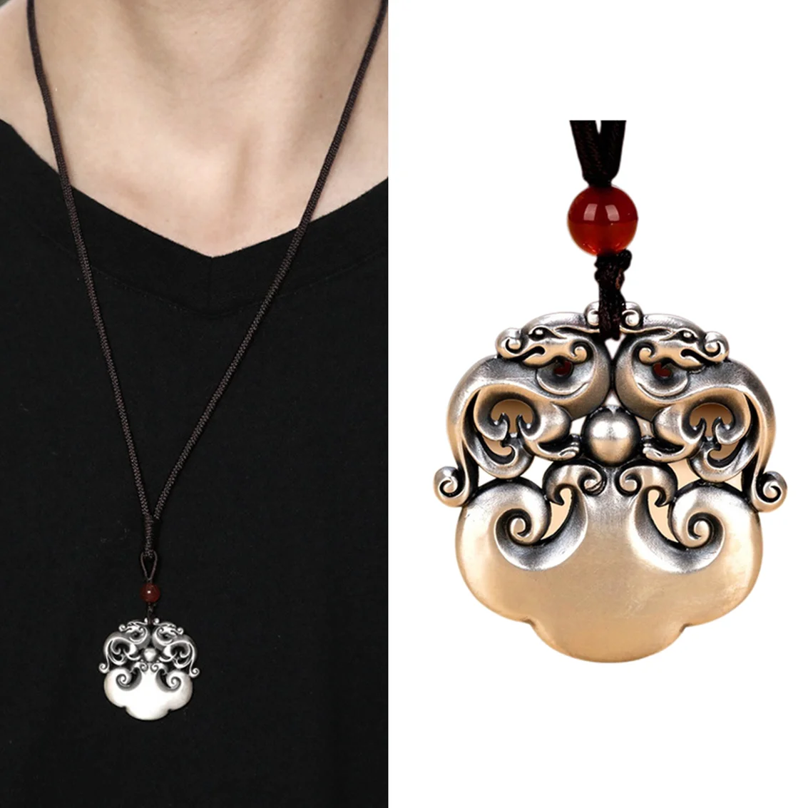 Vintage Hollow Mythical Wild Animal Pendant Necklace For Men Gift  Ethnic Clouds Rope Black Necklace Male Good Luck Jewelry