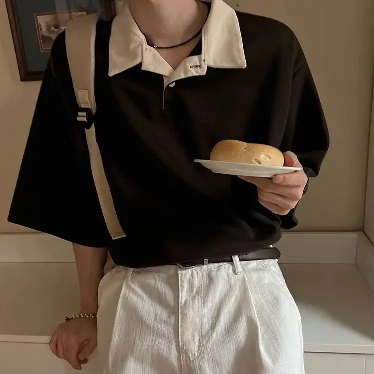 Men's Solid-Color Lapel Short-Sleeve T-Shirt  Simple Casual Versatile Soft  Loose-Fitting Short-Sleeve Top