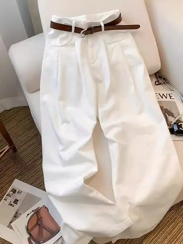 White Wide Leg Jeans High Waist Loose Fitting Slimming Drapey Floor Length Straight Cut Trousers for Women Summer New Arrival