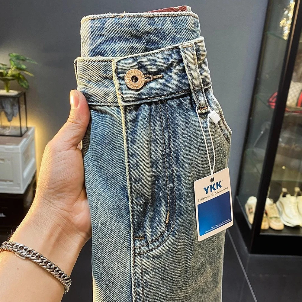 夏の新メンズソリッドカラーハーレムスキニージーンズアメリカンレトロファッショントレンドストリートヒップホップカジュアル通気性メンズボトムス