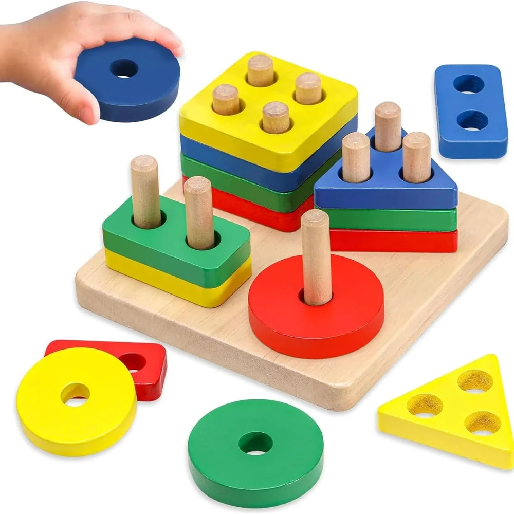 Brinquedos montessori de empilhamento de classificação de madeira, blocos de reconhecimento de cores de forma, quebra-cabeça correspondente, brinquedos educativos, presentes para crianças