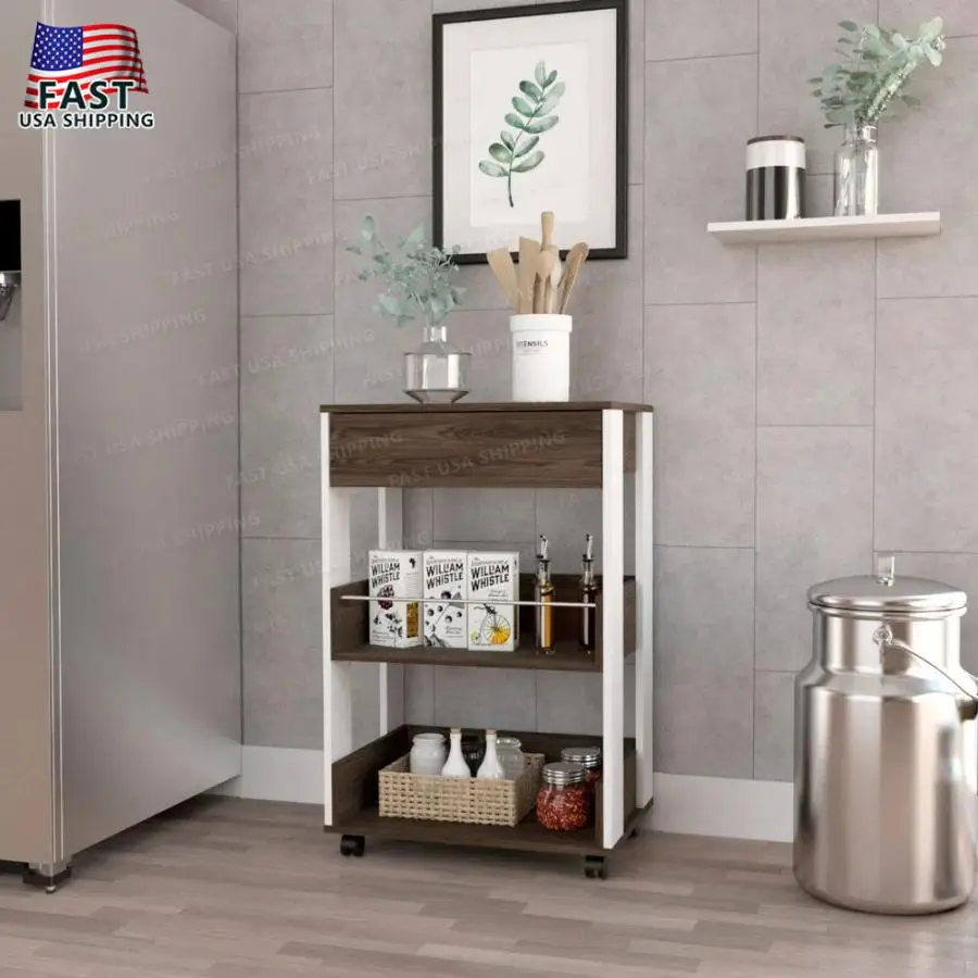 Four Casters Three Shelves Pillar Kitchen Cart White Dark Walnut