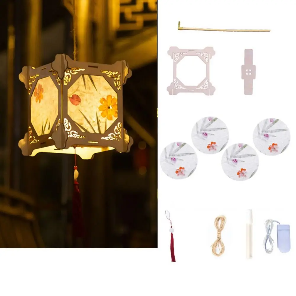 

Retro Wooden Mid-Autumn Festival Lantern LED Light Chinese Style DIY Flower Lamp Glowing Drawing Art Lantern Party Decor