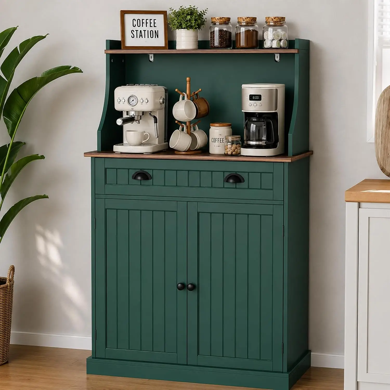 Farmhouse‑Style Green Microwave Storage Cabinet with Closed Doors, Freestanding Kitchen Countertop Appliance Organizer for Home Kitchen, Dining Room