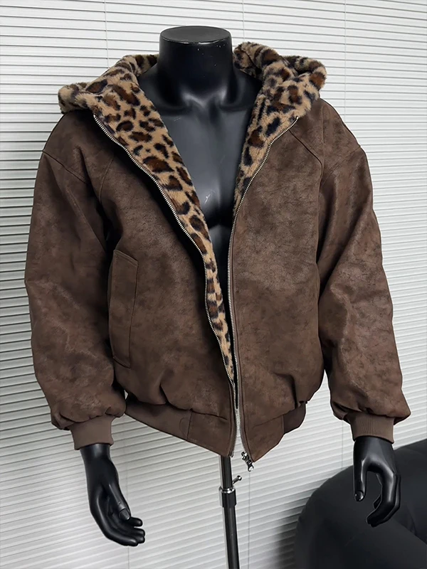 

American Sle Leopard Print Hooded PU Leather ort Jaet Thiened Cotton Coat for Men Winter Warm Zipper Closure Youth Fa...