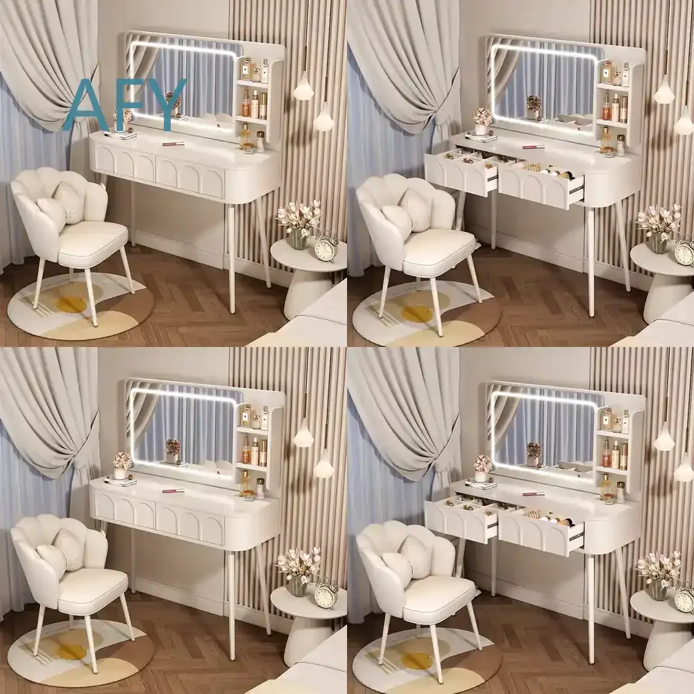 Modern Wooden Dressing Table Set for Hotel Apartment Bedroom Vanity Table with LED Light Makeup Mirror for Home Office Decor
