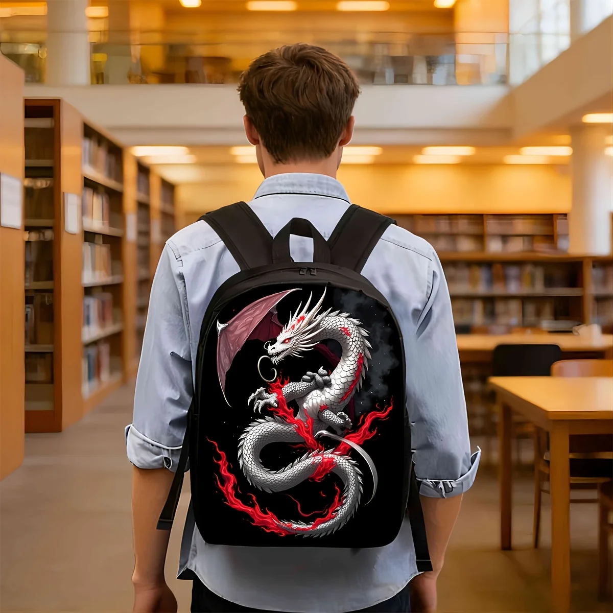 

1 Dragon Fire Printed Backpack | Casual Style, Double Zipper, Large Capacity, Lightweight, Multifunctional, Adjustable Shoulder