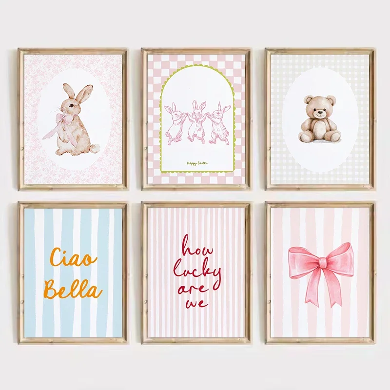 Trendy Quotes How Lucky Are We Nursery Animals Coquette Buuny Bear Poster Canvas Painting Wall Art Pictures Home Decor