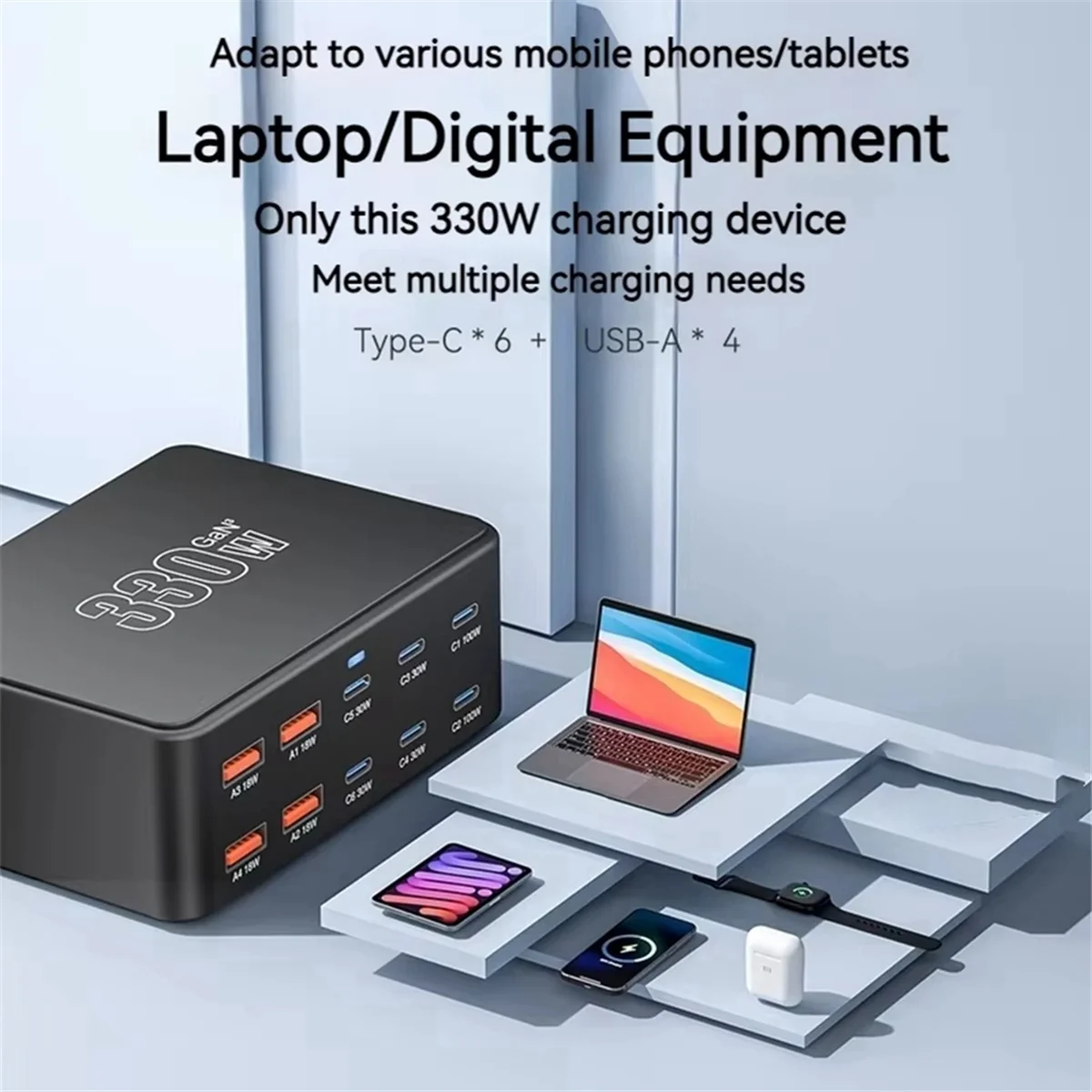

A47ZZ 330W USB C GaN Charger 100W PD3.0 PPS QC3.0 Multiport Fast Charging Station for IPhone 16 for Samsung Macbook EU PLUG