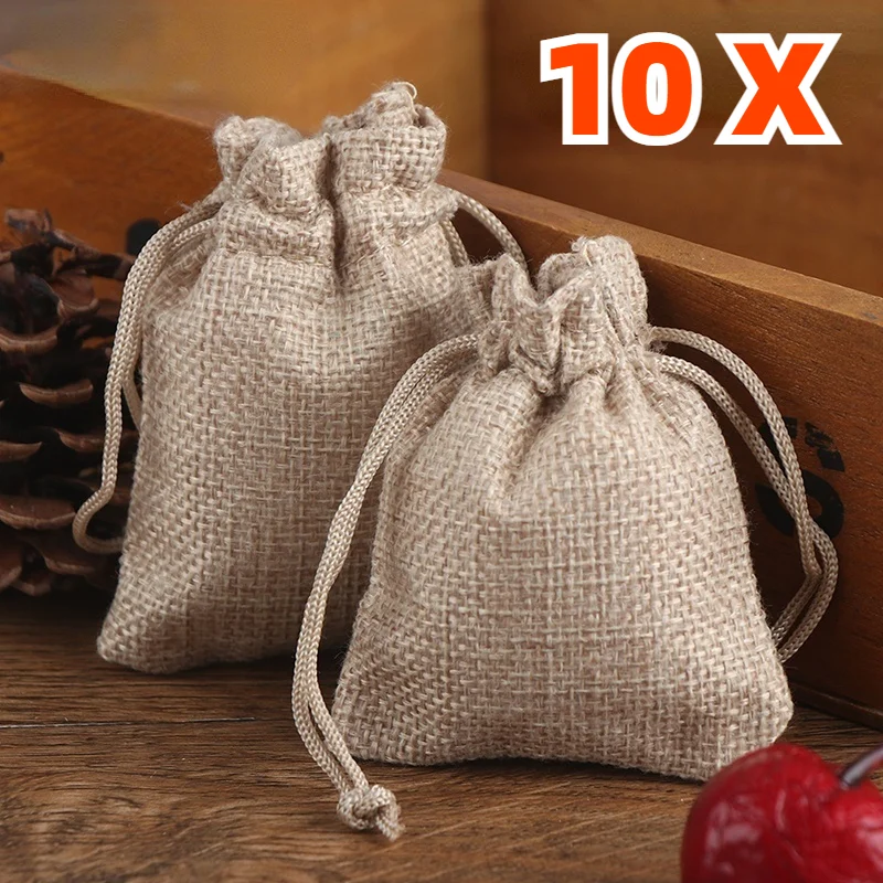 10PCS 13X18/10X15/9X12/7X9CM Drawstring Burlap Bag Jute Gift DIY Wedding Favor Gift Bag For Packaging Candy Chocolate Jewery