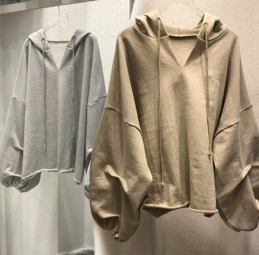 

Women' large-sized Cream-colored Sweatshirt, Spring and Autumn Thin Loose Hooded Casual Commuting Sweatshirt, V-neck