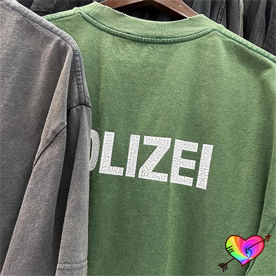 2024 Vintage Green POLIZEI T-shirt Men Women Double POLIZEI Logo Tee Break Details Tops Oversize Wash Short Sleeve