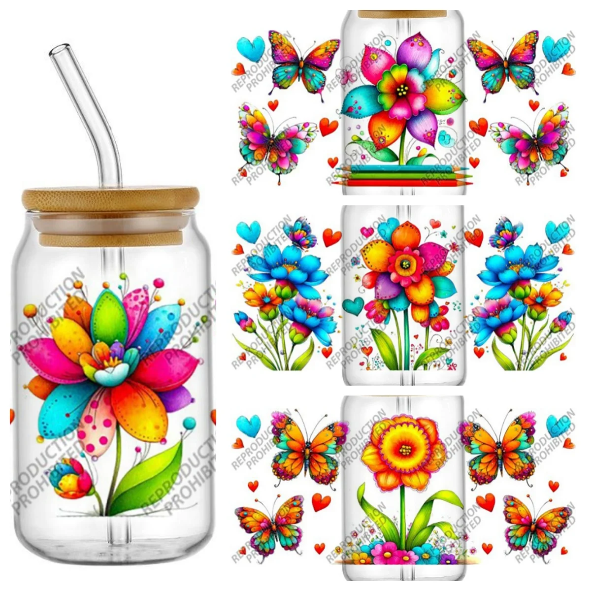 

New Design Colorful Beautiful Flowers Waterproof DIY Decals 3D Transfers UV DTF Stickers 16oz Glasses Cup Wraps DIY Gifts